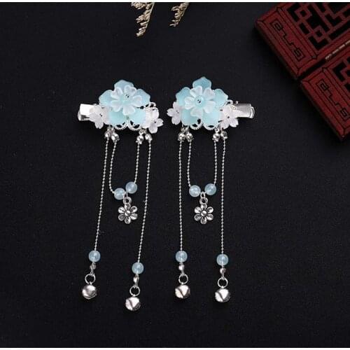 FORSEVEN Chinese Hanfu Retro Bell Crystal Beads Flower Long Tassels Hairclips Hairpins Women Girl Cosplay Hairgrips Decoration