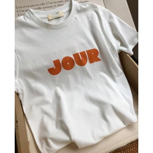 Letter Print T Shirt Femme Round collar Short Sleeve White day and night Pattern Shirt Chic Retro Tops Casual T-shirt Hauts