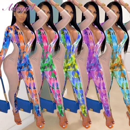 Women tie dye print sheer mesh bodycon jumpsuit