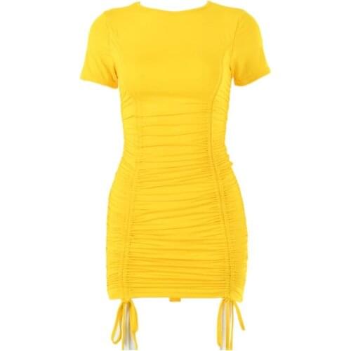 Women Ruched Drawstring Bodycon Dress Short Sleeve Neon Solid Color Clubwear
