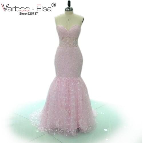 VARBOO_ELSA Sweet Pink Lace Evening Dresses Long Mermaid Gown Sexy Strapless Sweetheart neck Prom Dress 2018 Homecoming Dresses