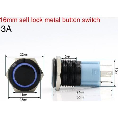 16mm with indicator light self-locking metal button switch alumina black current 3A circular icon