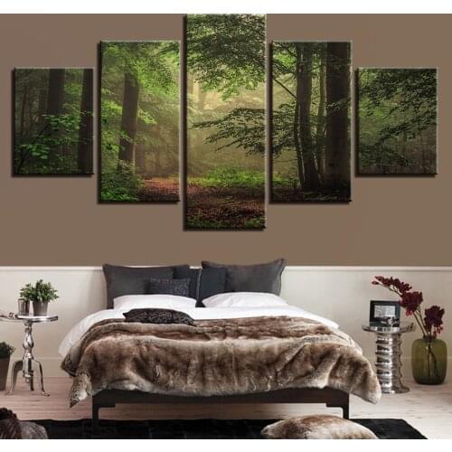 5 Pieces Green Forest Scenery Posters Modular Canvas Pictures Wall Art Printed HD Paintings Frames Home Living Room Modern Decor