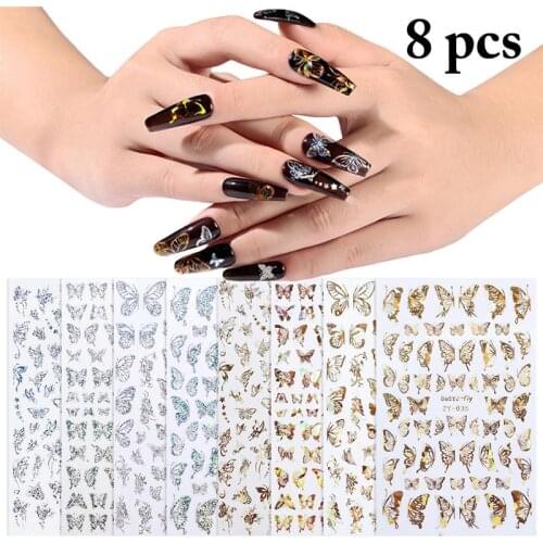 8 Sheets Nail Sticker Butterfly Design DIY Nail Art Decal Manicure Sticker for Salon Colorful Water Tattoo for Manicure Nail Art