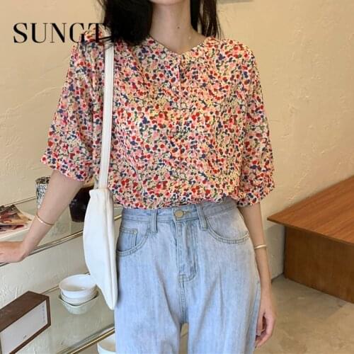 Sungtin Elegant Print Short Sleeve Blouses Shirt Women Vintage Loose Korean Chic Casual Shirts Female Sweet Soft Oversized Tops