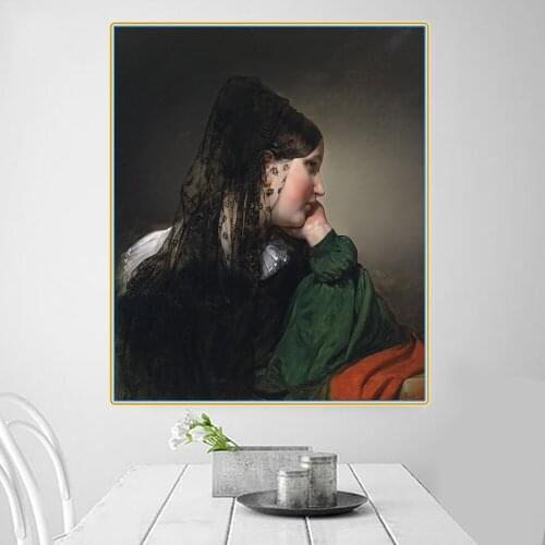 Citon Canvas Art Oil Painting Friedrich von Amerling《Profile Portrait of a Girl with Black Mantilla》Art Picture Home Decoration