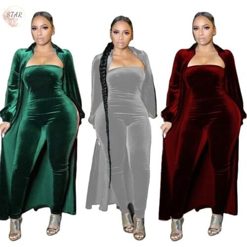 2 Piece Outfits for Women Velvet Matching Set Strapless Jumpduits and Long Coat Sexy Club Winter Clothes Wholesale Dropshipping