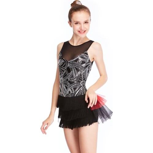 MiDee Jazz Dance Costume Illusion Wide V-neck Tank Top Biketard with Geometric Pattern Sequins