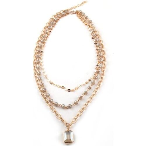 MOODPC Fashion Bohemian 3 layer Multiple Halsband Crystal Rosary Chain Gold Flat Chain Rectangle Crystal Pendant Necklace