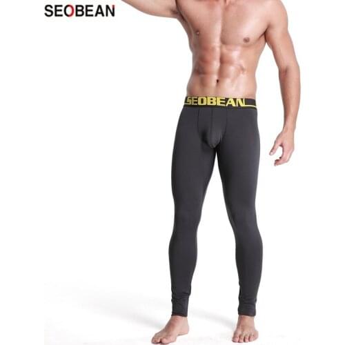 SEOBEAN Mens Warm Pants Knitting Velvet Lining Solid Color Hip Lift U-pouch Bag Push Up Mens Slim Leggings Long Johns