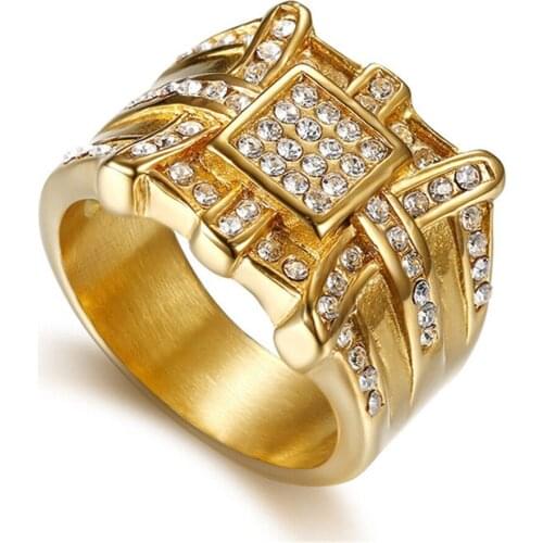 New Full Rhinestone Big Ring Iced Out Gold Color Stainless Steel Cocktail Rings For Men Hip Hop Party Jewelry Dropshipping