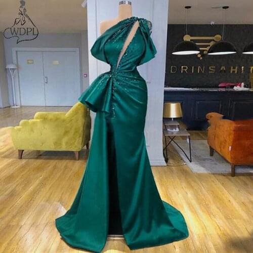 New Design One Shoulder Green Prom Dresses Crystal Satin Plus Size Long Special Occasion Dress High Slit Sexy Evening Party Gown