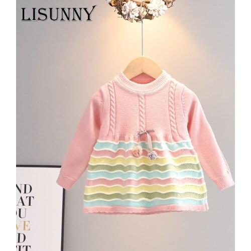 2021 Autumn Winter Girls Sweater Dress Kids Baby Sweater Children Clothing Knitted Pullover Dressrs Striped Ripple Jumper 1-5y