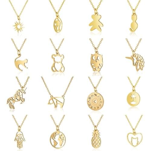 Stainless Steel Bear Cat Owl Animals Hollow Pendant Necklace Origami Chain For Party Birthday Gift Jewelry Golden Silver Plated