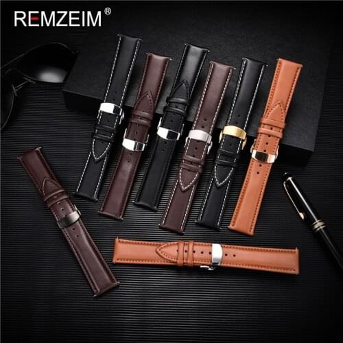 REMZEIM Genuine Leather Watchband With Butterfly Clasp Bands Soft Leather Watchband Replacement Women Men 18 20 22 24mm