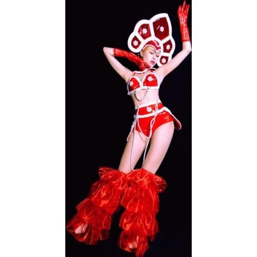 Christmas costumes Red pearl dance costume headgear party girl stage dance wear