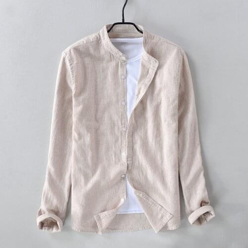 2018 New mens cotton and linen casual long-sleeved shirt stand collar striped flax shirt mens brand fashion khaki shirts male