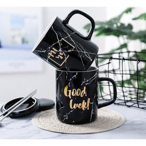 Nordic Gold Letter Marble Coffee Mug with Lid and Spoon Porcelain Juice Drinking Cup Coffee Milk Tea Cup