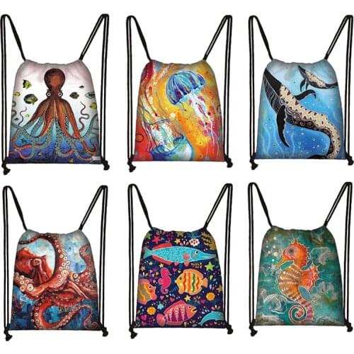 Underwater World Octopus/Jellyfish Ladies Drawstring Bag Girl Travel Leisure Backpack Large Capacity Foldable Storage Bag