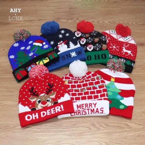 Led Light Up Christmas Baby Hats Parent-child Elk Knitted Beanie Hats Cartoon Santa Gift For Kids Boys Girls New Year Supplies
