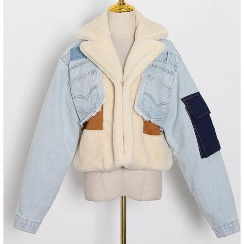 Women Winter Jacket Lamb Wool Patchwork Contrast Color Thick Loose Denim Jacket Coat