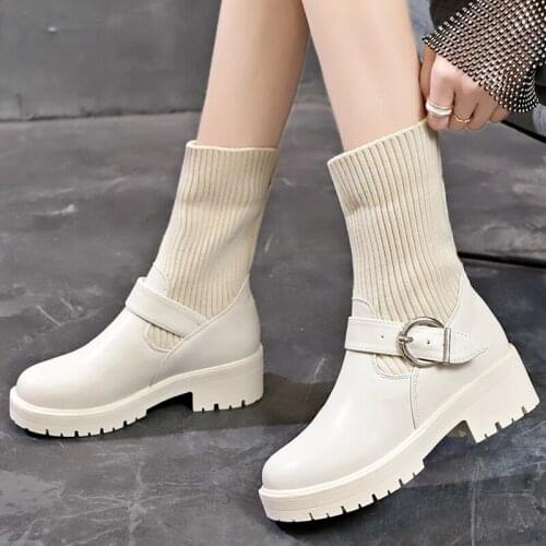 2020 Autumn New Round Toe Platform Belt Buckle Womens Ankle High Heel Boots Pu Leather Womens Fashion Splicing Stretch Boots