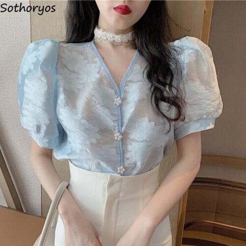 Women Short Puff Sleeve Blouses Embroidered Flares Solid Gentle Temper V-neck French Style Retro Princess All-match Shirts Sweet