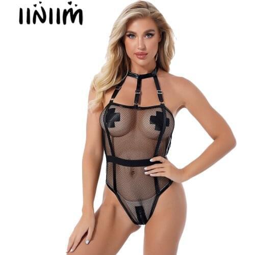 Women Hollow Out Mesh Catsuit Sexy Lingerie See-through Fishnet Bodysuit Underwear Halter Neck Zipper Crotch Leotard Jumpsuit