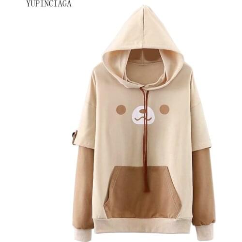 Womens Cute Bear Print Patchwork Hooded Sweatshirt Japanese Mori girl 2020 New Sweet Student Hoodies Loose Tracksuit YUPINCIAGA