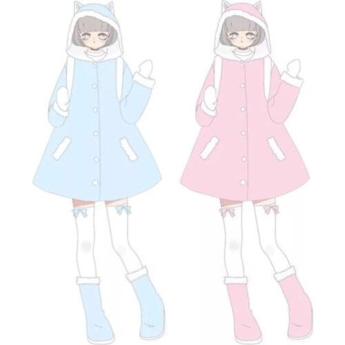 Super Cute Cat Ears Hooded Coat Warm Cashmere Winter Thick Coat Outwear Pink & Blue