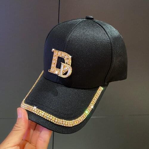 2021 New Letter D Baseball Cap Women Rhinestone Trend Cotton Bling Cap Adjustable Snap Back Hip Hop Cap Uv Protection Hat