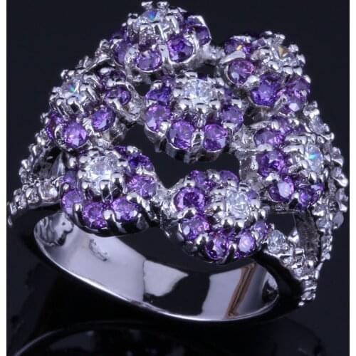 Flawless Huge Flower Purple Cubic Zirconia White CZ Silver Plated Ring V0549