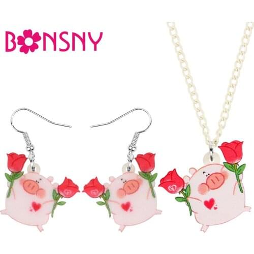 Bonsny Acrylic Valentine‘s Day Cartoon Pig Piggy Rose Jewelry Sets Animal Flower Earrings Necklace For Women Teens Gifts Charms
