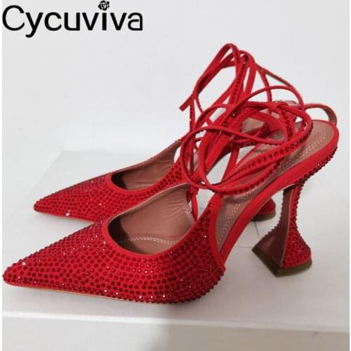 Brand Red Rhinestone Women Sandals Ladies Crystal High Heel Shoes Ankle Strap Summer Slingback Sexy Party Wedding Shoes Woman