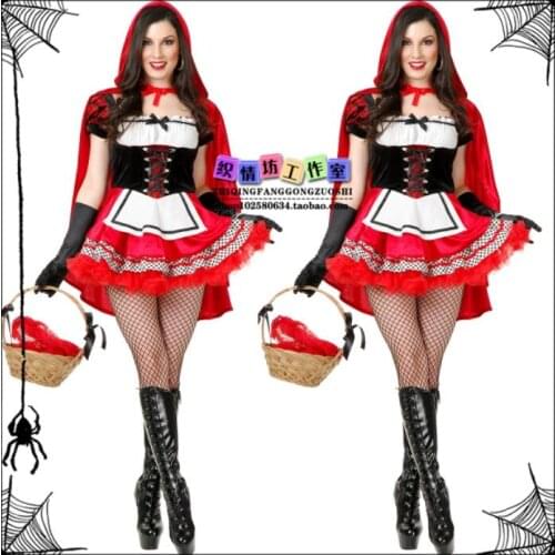 Cheap Halloween Little Red Riding Hood Fantasy Costume Hen Party Fairy Tale Cosplay Robe Fancy Dress For Adult Women Size S-2vXL
