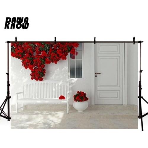 DAWNKNOW White Chair Door Photography Background Red Flower Vine Wedding Photo Studio Children Photographic Backdrop lv1588