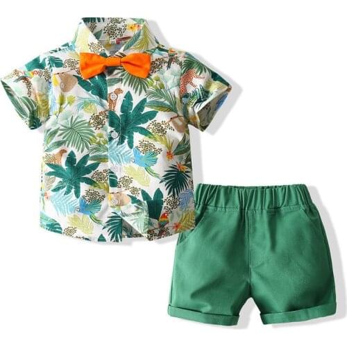 Boys fashion gentleman clothing sets print flamingo short sleeve top + shorts 2 pcs clothes summer party suits for children