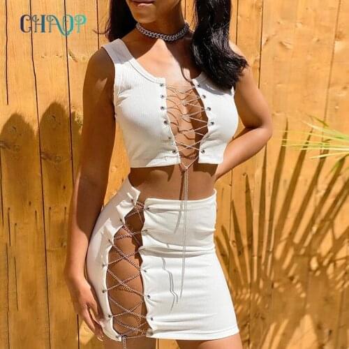 CHAOP Fashion Women Bodycon Lace Up Hollow Out Metal Chain 2 Piece Sets Women Skirt Sleeveless Crop Top+Mini Skirts Set Female