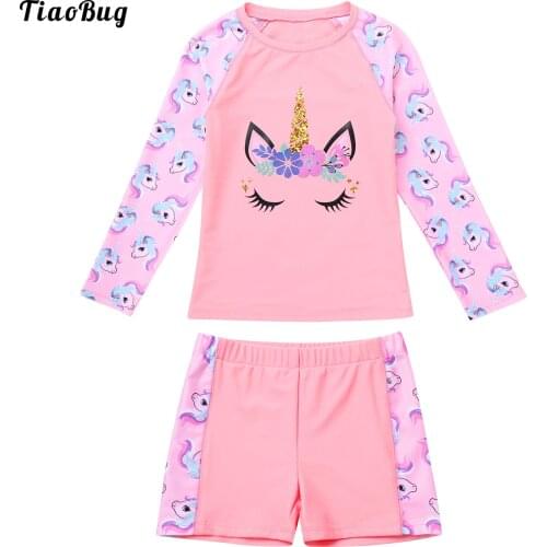 Summer Kid Girls 2Pcs Swimsuit O-Neck Long Sleeves Cartoon Print Floral Print Top And Boyshorts Set Beach Sunprotection Swimwear