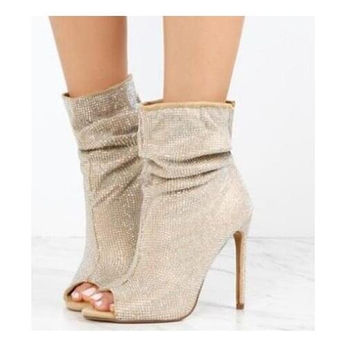 Newest Fashion Boots leather Women Ankle Booties Peep Toe High Heels Shoes Small rivets with reflective tape Summer Boots