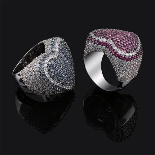 New Red Bule Color Heart Ring Micro Pave Cubic Zircon Round Ring Full Iced Out Bling HipHop/Punk Men Women Jewelry For Gifts