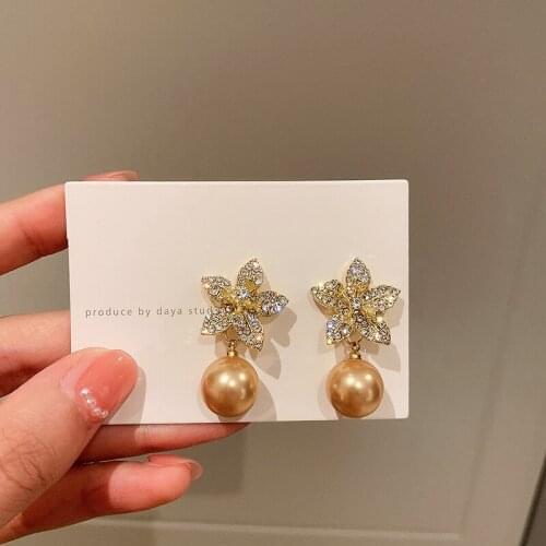 Origin Summer Romantic Bling Rhinestones Flower Pendant Earring for Women Oversize Pearl Hanging Dangle Earrings French Jewelry