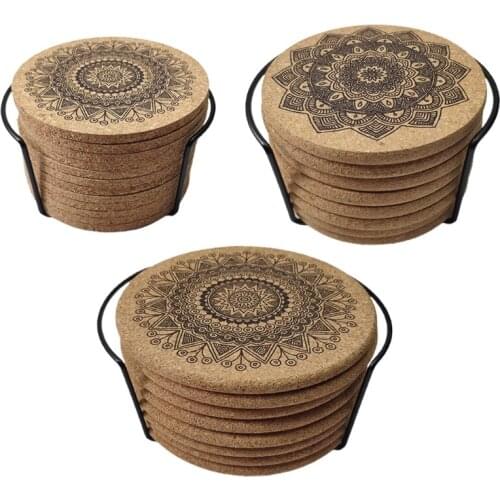 68UC Mandala Pattern Round Cork Coasters with Holder Wooden Drinks Glass Cup Mat Pad