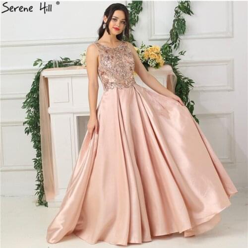 Dubai Pink O-Neck Luxury Sleeveless Prom Dresses Beading Sequined Sparkle Evening Gown 2020 Serene Hill LA6686