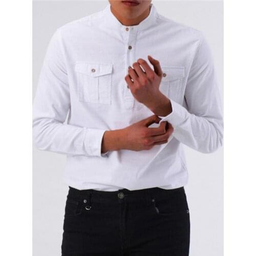 Solid Color Casual Shirts for Men Long Sleeve Shirts Male Two Pockets Stand Collar Pullovers Top Camisas Hombre chemise homme