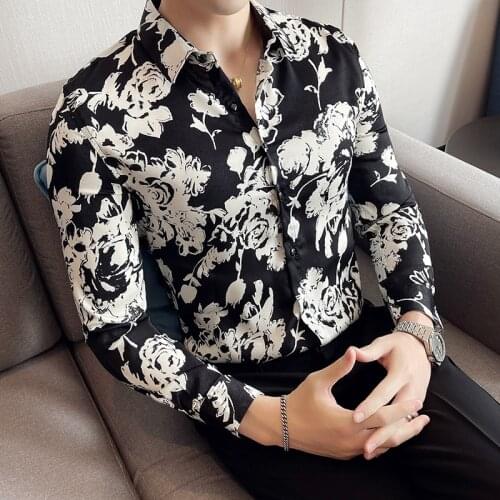 Autumn Man Vintage Printed Social Floral Shirts Luxury Mens White Slim Fit Long Sleeve Dress Shirt Fashion Casual Chemise Homme