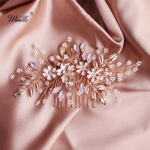 Miallo Fashion Rose Gold Flower Wedding Hair Comb Crystal Bridal Hair Jewelry Accessories Handmade Headpieces