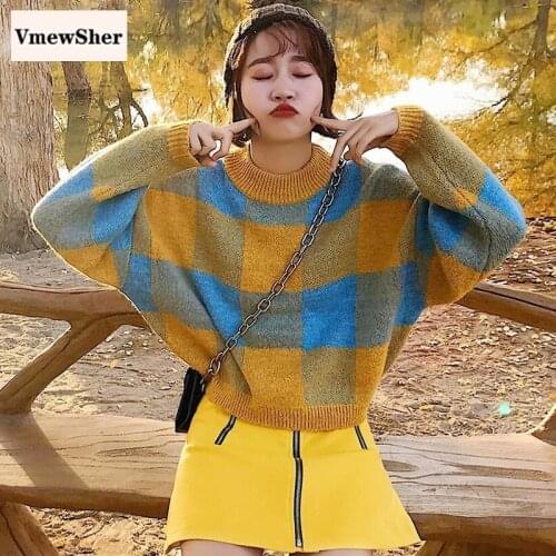 VmewSher Plaid Sweater Women Autumn Winter O Neck Casual Loose Pullover Long Sleeve Color Block Short Jumper Ladies Knitted Tops