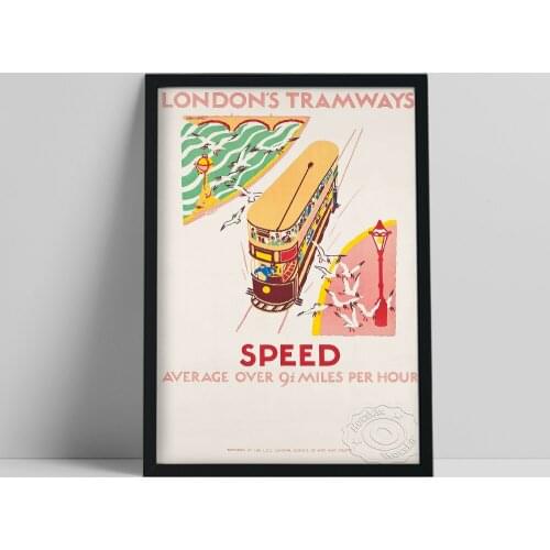 Londons Tramways Vintage Travel Poster, Speed Travel Wall Picture, London England Landscape Painting, Scenery Art Wall Stickers