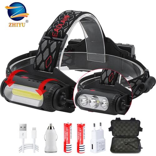 ZHIYU 360 Rotating T6 XPE COB Headlamp High Power 18650 Head Flashlight White Red Green Lights 10 Modes USB Rechargeable Lamps